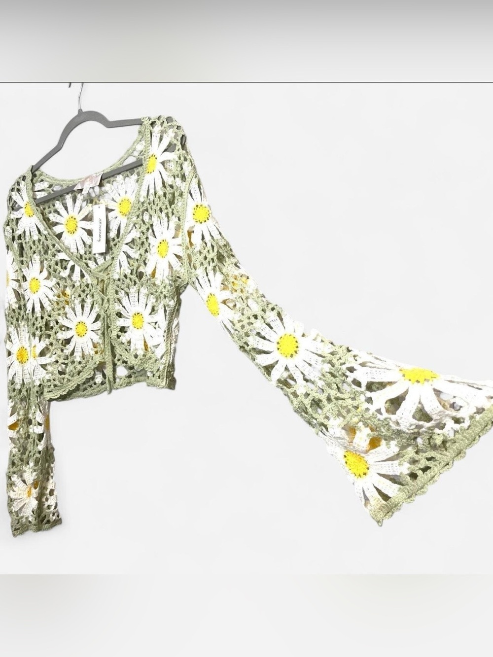 Y2K Festival Fairy Daisy Crochet Bell Sleeve Tie Front Granny Cardigan Medium